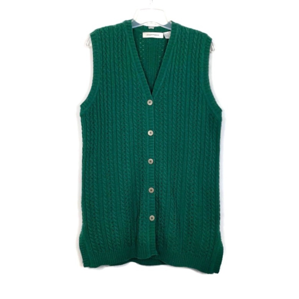 Vintage Evan Picone Lambswool Blend green Knit Button Front V-neck sweater vest